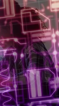 Vertical video: Frames shifting neon, student turning revealing profile and window for education