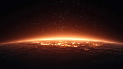 Obraz premium Earth's horizon glows with city lights against a starry night sky.