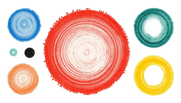 A colorful abstract art piece featuring concentric circles in various sizes