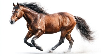 Obraz premium Majestic brown horse galloping powerfully across a white background with dust kicking up