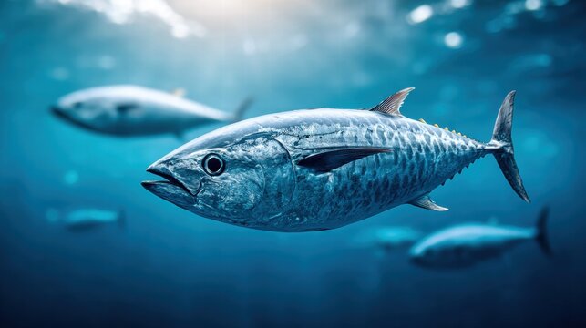 A majestic tuna swims gracefully through the deep blue ocean waters.