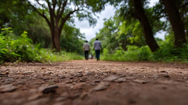 Two blurred figures walk down a dusty dirt path through a dense vibrant green forest captured from a low angle perspective