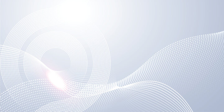White circular wave lines and dotted halftone on soft light blue abstract technology background with bright glow, modern corporate banner template