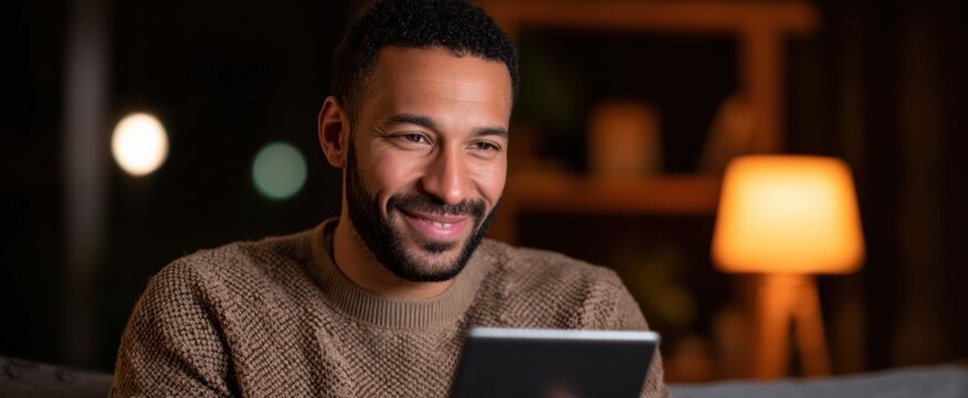 Cheerful latino man enjoying tablet in warm inviting living room space