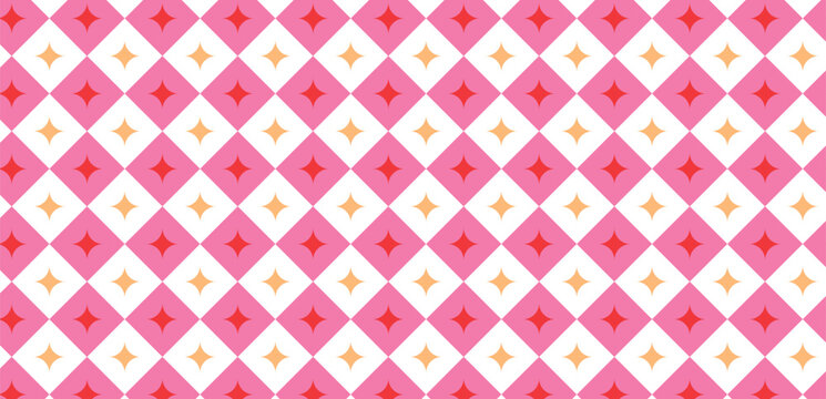 Diamond seamless pattern with stars pink y2k checkered background sparkling Seamless abstract geometric diamond pattern with sparkling stars pink