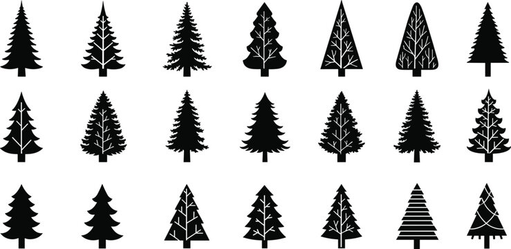 Large collection of black pine tree silhouettes including fir, spruce, and cedar icons isolated on white background for winter forest and mountain landscape design (24 words)