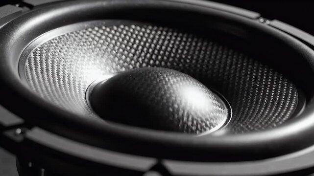 Extreme close-up of a woven, textured speaker cone and center dome