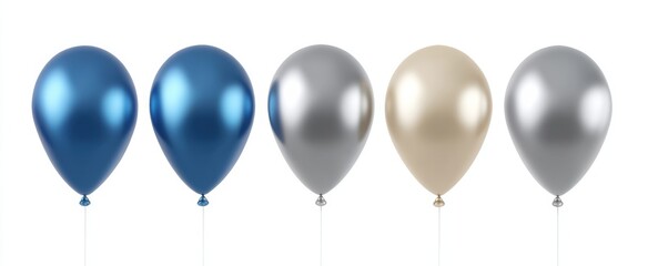 Naklejka premium Five elegant balloons in blue silver and cream float like dreams against a white background.