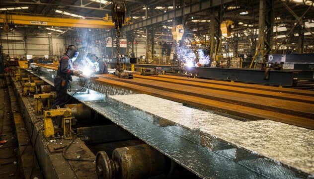 Medium shot of workers welding and aligning webs and flanges in a plate girder fabrication line featuring freshly painted steel components. Close view of galvanized steel plate