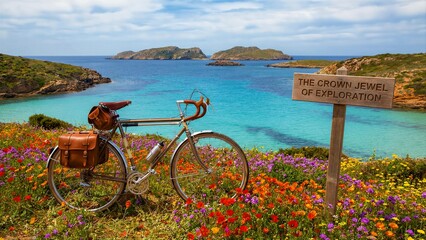 Fototapeta premium A charming vintage-style touring bicycle, equipped with a classic brown leather saddle and practical matching pannier bags, stands beautifully parked amidst a vibrant, colorful carpet of wild