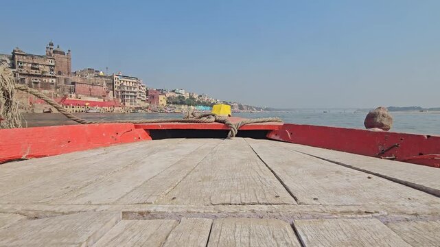 Boat View of Varanasi Ghats on the Ganges River, Historic Riverfront in Varanasi, Uttar Pradesh, India, Cultural Heritage and Travel
