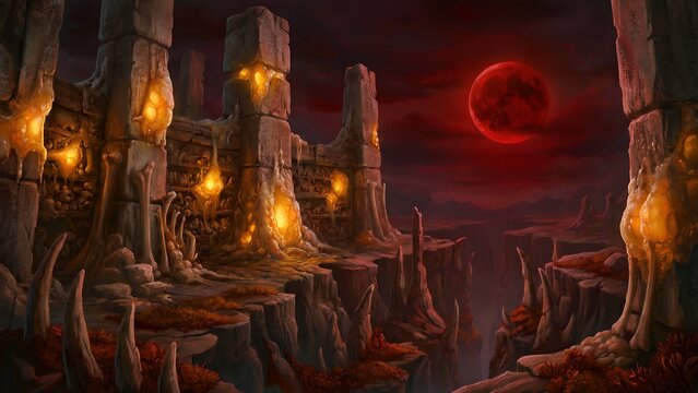 Ancient desolate ruins stand ominously on a cliff edge beneath a colossal, terrifying blood moon illuminating the sinister landscape.