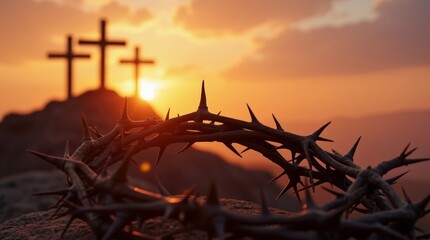 Crown of thorns lying on a stone against the silhouettes of three crosses on Mount Golgotha under the rays of the setting sun