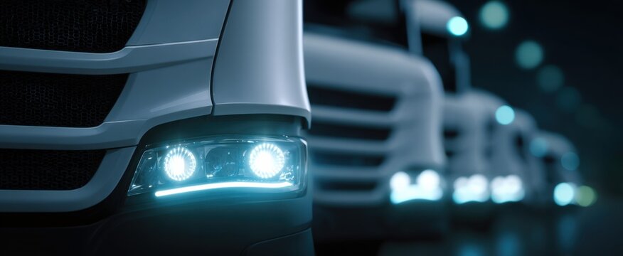 A sleek line of contemporary white courier trucks depicted in vivid close-up digital art.