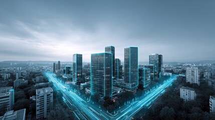 Fototapeta premium Futuristic cityscape with glowing blue data streams flowing through modern skyscrapers