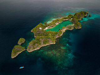 Drone view of tropical island and coral reef with boat in Rufas, Raja Ampat Indonesia © Sona