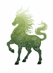 Obraz premium Mythical green Qilin illustration, Chinese dragon horse with floral patterns, legendary kirin creature with antlers and scales on white background