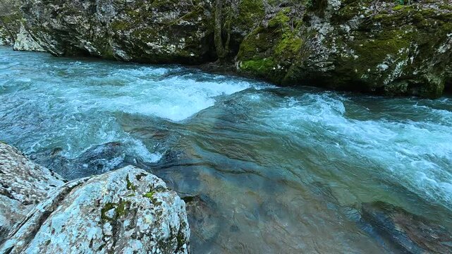 Upstream View of Turquoise River With White Rock Foreground. Ozren Mountain, Sokobanja region. Balkans, Serbia.