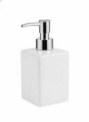 Obraz premium White ceramic soap dispenser with chrome pump, square porcelain liquid bottle for bathroom or kitchen, minimalist refillable hand sanitizer container