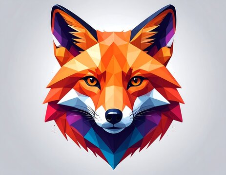 A vibrant, geometric illustration of a fox's head facing forward, using a colorful, polygonal design on a light gray background