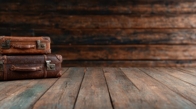 Two weathered vintage suitcases sit stacked on a rustic wooden floor, evoking nostalgia and adventure, hinting at travels and the stories they carry within them.