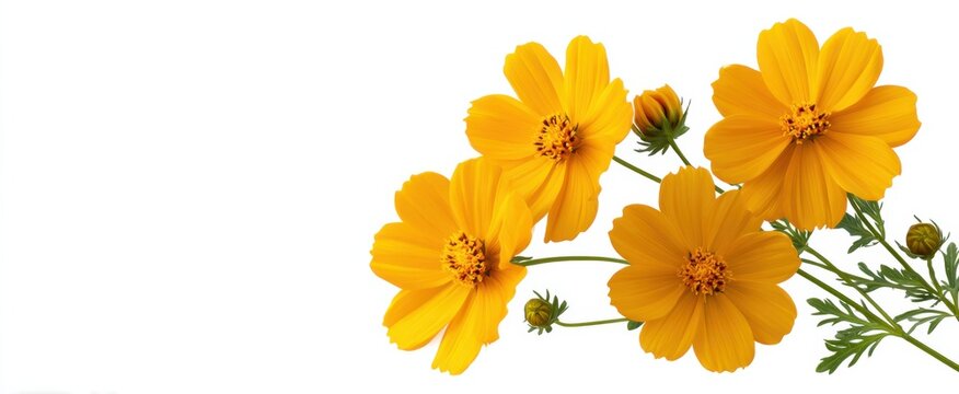 Vivid yellow blossoms on white perfect for botanical banners and summer design themes.