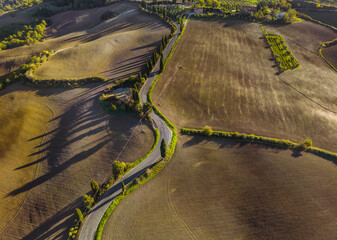 Naklejka premium Winding road through Tuscan landscape, Monticchiello, Italy.