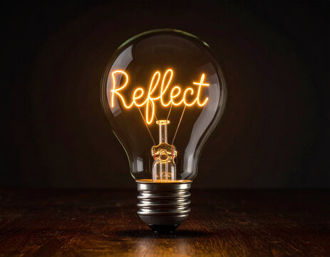Glühbirne mit einem Glühdraht das aussieht wie das Wort " Reflect"