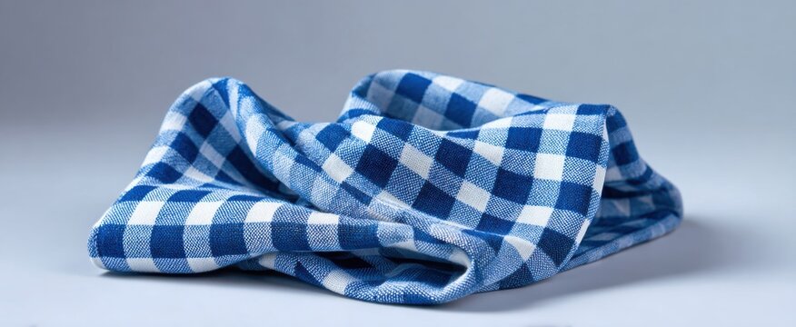 Crumpled blue and white plaid kitchen towel features soft checkered fabric on a clear backdrop.