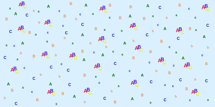 Seamless pattern with colorful alphabet letters scattered on light blue background, playful educational design for children learning and creativity.