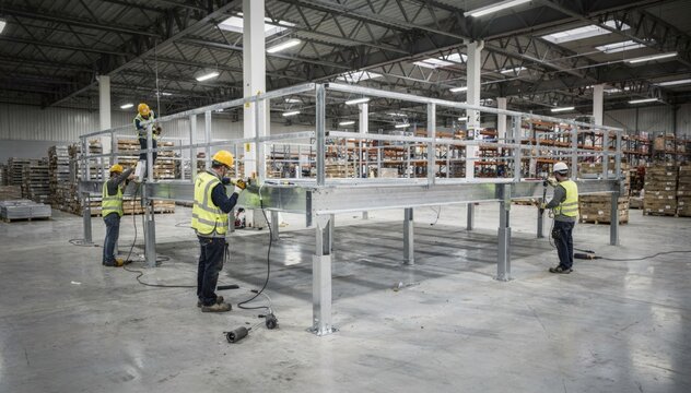 Medium shot of workers securing metal beams and joists to build mezzanine platforms in a spacious warehouse setting for optimized storage solutions.