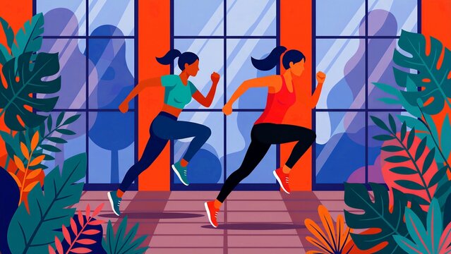 Two dynamic and determined athletic women, dressed in vibrant activewear, are energetically running and jogging with purpose, showcasing a strong commitment to physical fitness and a healthy