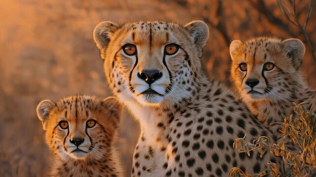 Beautiful portrait of a cheetah mother and her cute cubs at sunset. Amazing african wildlife.