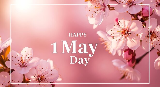 Happy may day greeting card with pink flowers and sunshine on a pink background