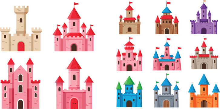 Fairytale castle collection vector illustration featuring colorful fantasy palaces with towers flags and magical architecture set for kids design storytelling and game graphics