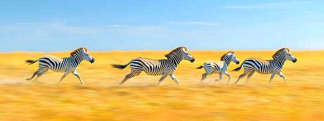 Fototapeta premium A herd of zebras runs across an open field in the wild African savannah under bright sunlight – a dynamic nature scene, filled with freedom of movement and wild fauna