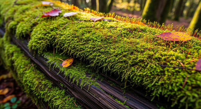 Moss covered wooden log with vibrant green moss and colorful leaves in a forest setting with natural textures and organic elements