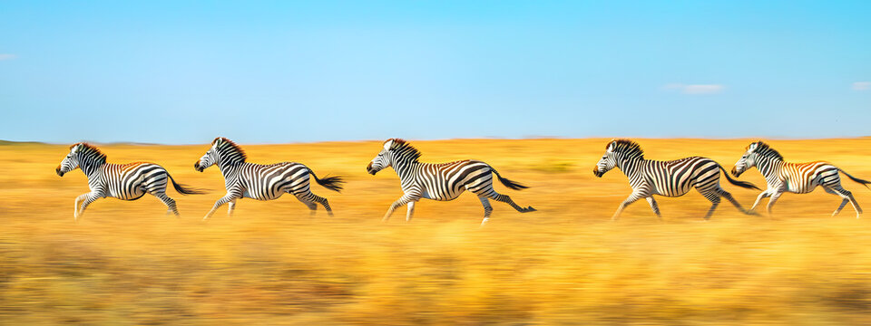 Several zebras run across an open field in the wild savannah under bright sunlight, a dynamic wildlife scene, evoking freedom of movement and the African animal kingdom