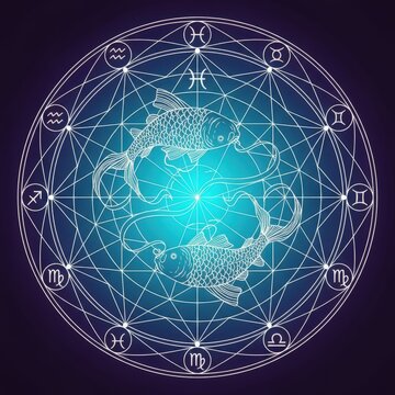 Pisces Zodiac Sign Illustration with Koi Fish and Sacred Geometry Astrology Symbols on Blue Background