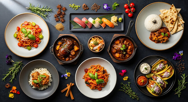 A variety of international dishes arranged on a table with garnishes and spices