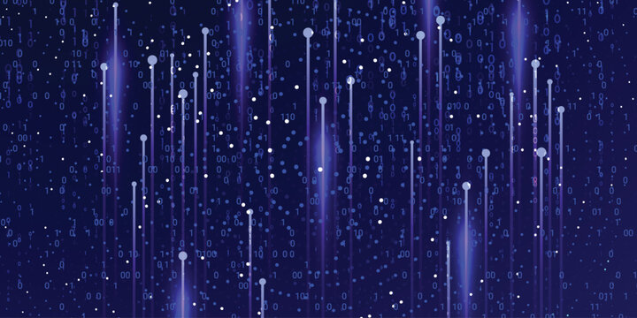 Blue binary code rain with glowing vertical lines and dots, abstract digital data stream technology background