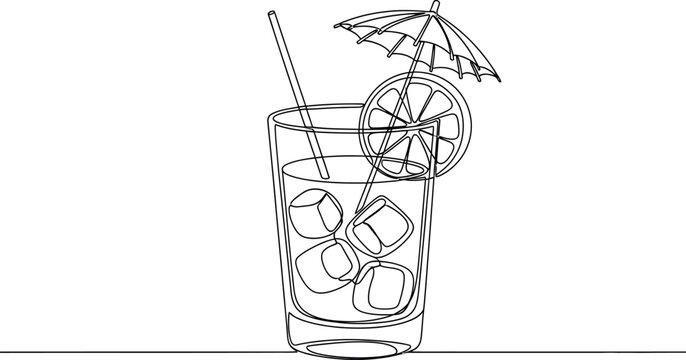 A refreshing drink with ice cubes, lemon slice, and a decorative umbrella on straws.