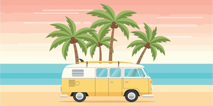 A vintage yellow van parked by the beach with palm trees in the background.