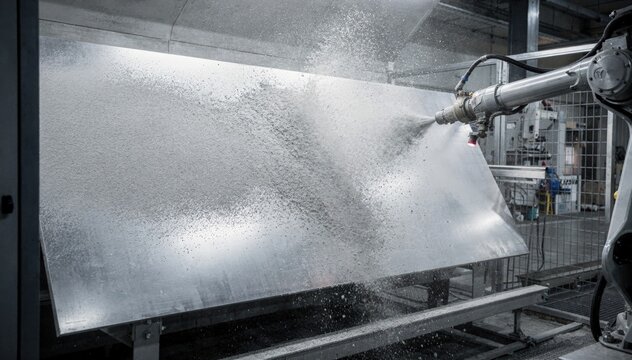 Medium shot of shotblasting process on aluminum plates displaying the dynamic action of abrasive particles creating a uniform matte finish in a modern industrial facility.