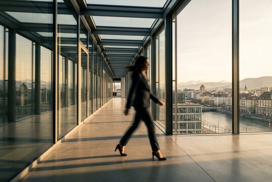 Businesswoman Silhouette Walking Through Glass Corridor Motion Blur Zurich Modern Office Architecture Switzerland Corporate Dynamic Movement Copy Space