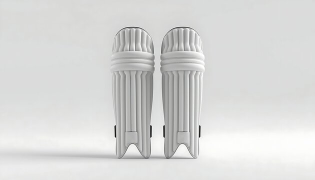 A pair of white and black cricket batting pads stands upright against a plain, light background.