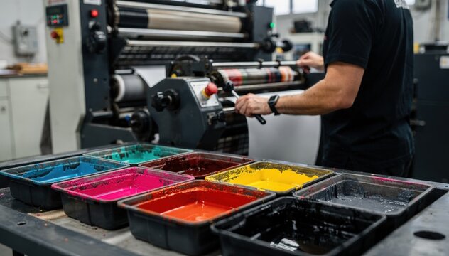 Medium shot of a printing press operator adjusting settings with vibrant soybased inks in the focused foreground and blurred machinery in the background.