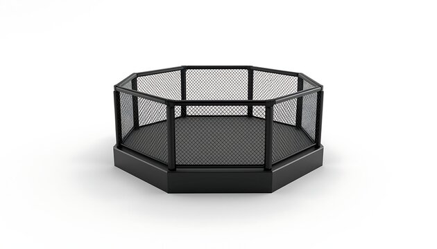 An empty black mixed martial arts (MMA) octagon cage is rendered on a minimalist white background.