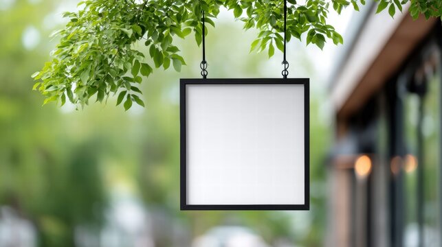 Blank sign hanging from a tree with a blurred background