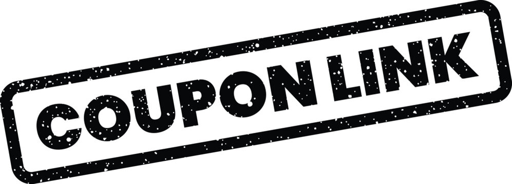 Grungy black rubber stamp displaying the bold text COUPON LINK diagonally, suitable for digital promotions